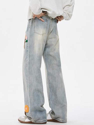Baggy Jeans for Men Women Y2K Floral Pattern Low Rise Wide Leg Grunge Denim Pants Casual Fashion Harajuku Streetwear4