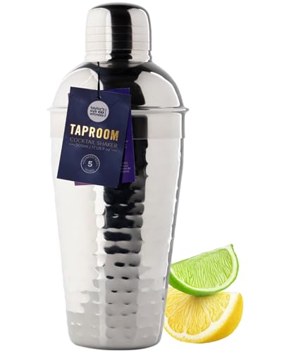Hammered Stainless Steel Cocktail Shaker Tool - 500ml (17fl oz). Built-in Ice Strainer, Silicone Seal & Spirit Measure Cap. Classy Modern Design, Silver in Colour, Great for Beginners & Professionals
