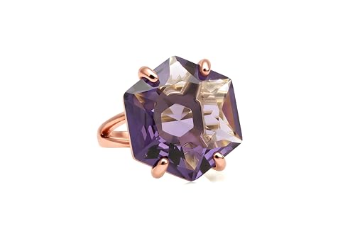 Bague améthyste en or rose 18k forgée à la main forme hexagone