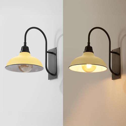 Image of JONATHAN Y 12.25 inch Matte Yellow /Black 1-Light Farmhouse Gooseneck Outdoor Wall Sconce Lamp, with Black Metal Bowl Shade, Industrial Iron LED Porch Light for Patio Garage Entryway (JYL7614H)