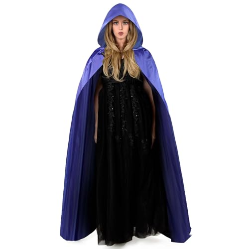 Aomig Schwarzer Umhang Vampir Umhang Jedi Mantel Mittelalter Umhang mit Kapuze für Erwachsene Unisex Scream Kinder Cape Kostüm Halloween Costume Maskerade Familienfeier Karneval Cosplay (Blau-150cm)