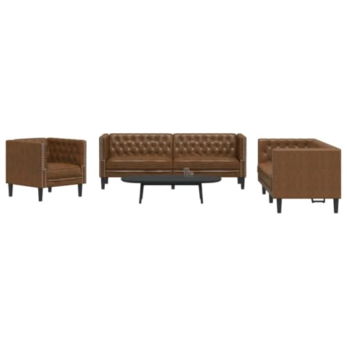 LoogCape 3-TLG. Chesterfield-Sofa-Set, Braun Kunstleder Wildleder-Optik, Wohnzimmer Couchgarnitur mit Sessel, 2er- & 3er-Sofa, Robustes Massivholzgestell
