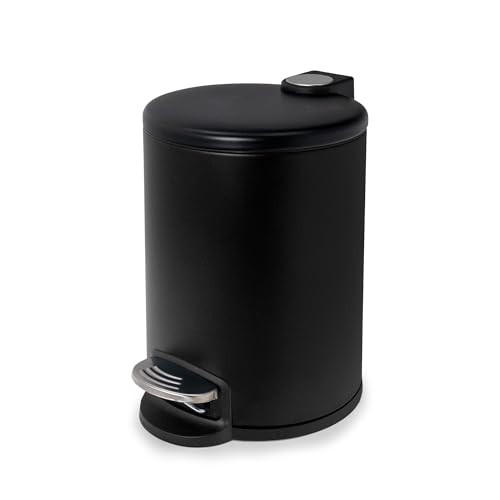 Image of ACENTO Rondo 1.3 Gallon Round Step Trash Can with Soft-Close Lid, Removable Liner Bucket, Small Metal Garbage Bin for Bathroom, Bedroom, Dorm, Office, Matte Black