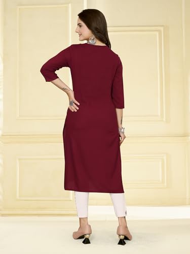 Image of rangita Maroon Rayon Calf Length Embroidered Straight Kurti for Women | Kurta for Women