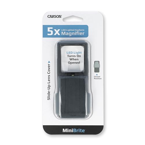 Carson MiniBrite 5x Taschenlupe mit Schutzhülle, LED und asphärischer Linse (PO-55), Schwarz