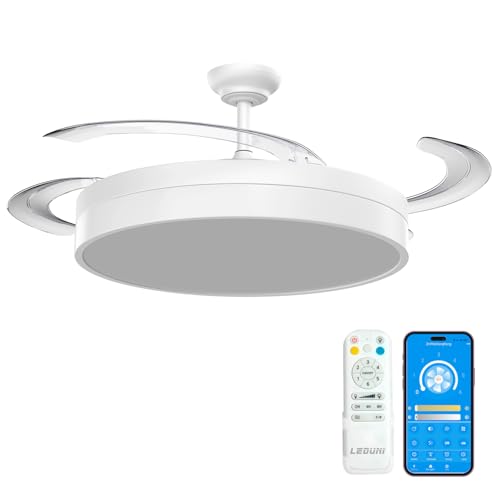 LEDUNI ® Ventilador con Luz Lámpara LED 66W Ventilador Invisible Ultra Silencioso con Mando a Distancia+Control APP y Palas Retráctiles,Luz Fría/Neutra/Cálida Interiores Plafón lluminación