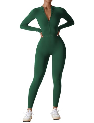 YEOREO Women Long Sleeve Workout Jumpsuit Zip Up Romper Bottom Pants Bodysuit Bodycon Sexy One Piece Dark Green L