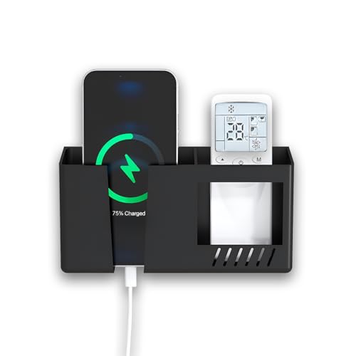 Image of Prolet Wall Mount Mobile Charging Holder with Storage Box & AC /TV Remote Organizer, Self-Adhesive Phone Plug Stand, Multipurpose Wall Shelf, Space Saving Mobile Holder for Home & Office (Black)
