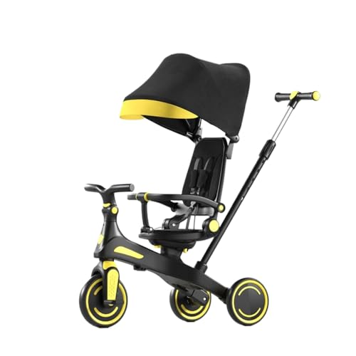 Emidor 子供用三輪車、自転車、折りたたみ式ベビーカー、軽量、パラソル、安全バー、コントロールレバー付きの双方向ベビーカー、1?4歳の子供に最適、家庭や屋外で使用可能 (E)