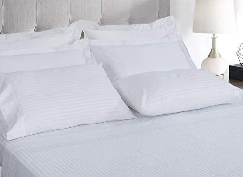 Threadmill 100% Cotton Sheets For Queen Size Bed - 600 Thread Count Queen Bed Sheets Set With 16” Deep Pocket - Damask Stripe Sateen Weave 4-Piece Bedding Set With Cooling Effect, White #TOP1