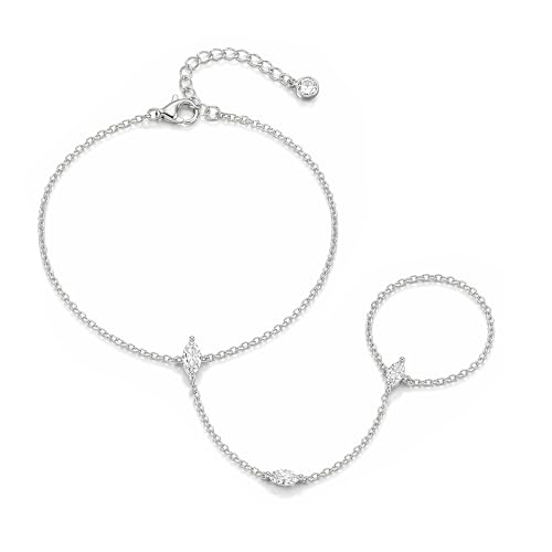 Silver Hand Chain Bracelets for Women Ring Bracelets Finger Chain Sterling Silver Plated Dainty Marquise Cut Cubic Zirconia CZ Link Charm Stackable Link Chain Trendy Body Jewelry Gifts for Women