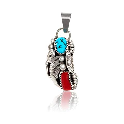 $230Tag Flower Silver Certified Navajo Native Natural Turquoise Coral Pendant 26211-1 Made By Loma Siiva Cover