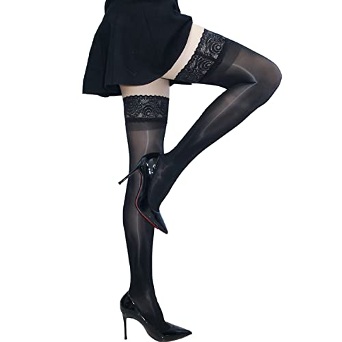 GOCBOBO Bas Autofixants Femme avec Silicone Antidérapant Haut en Dentelle Sexy Transparent Chaussette Haute en Soie Huileux 8 DEN Noir Cover