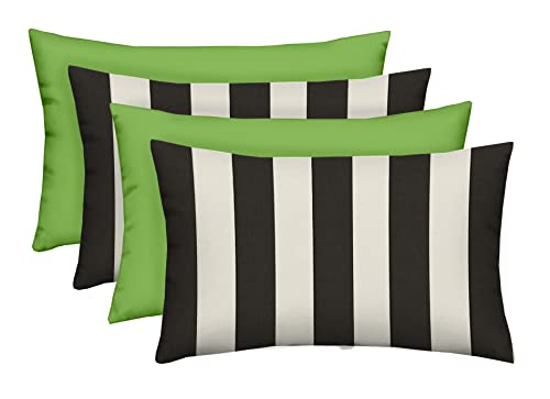 Resort Spa Home Decor Set of 4 Indoor/Outdoor Decorative Lumbar/Rectangle Pillows - 2 Black & White Stripe and 2 Solid Kiwi Green