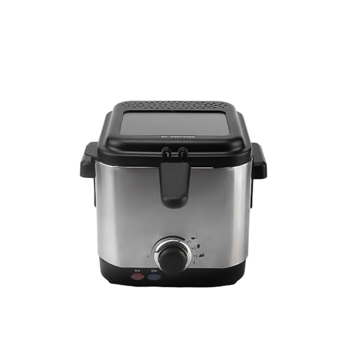 HALF SCALE Electric Immersion Fryer, Removable Fryer Basket, Adjustable Temperature, Lid with Visible Window and Odorless Filter, 1100W 1.6 Qt/1.5L (Silver)