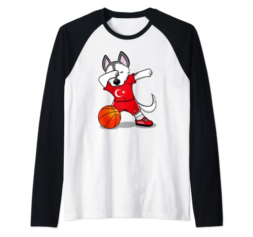 Dabbing Husky Dog Turkey Basketball Fans Jersey Turkish Flag Raglan Baseball Tee, Black
