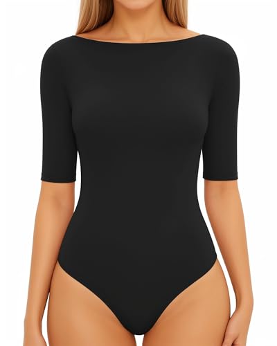 MANGOPOP Womens Half Sleeve Boat Neck Bodysuit 3/4 Sleeve Body Suit Fitted Going Out Tops 2026 Black Small