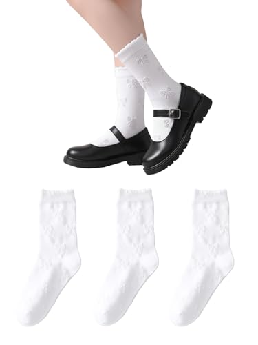 Girls Ruffle Socks White Dressy Socks 12-15 Liti bow 3p School Uniform Sock Heart Bow Design For Girl