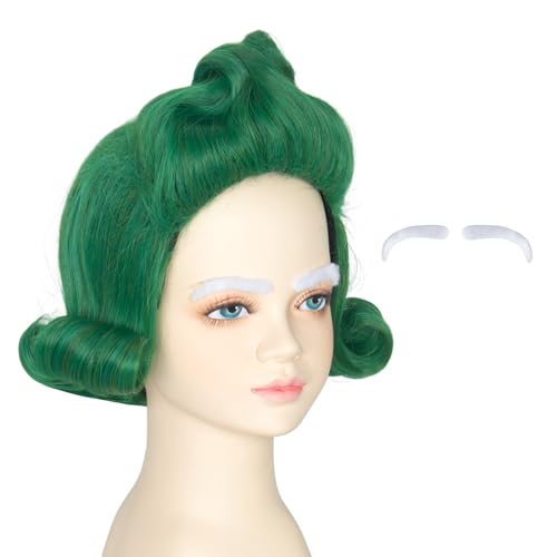 Miss U Hair Short Green Funny Wig with White Eyebrows Cosplay Halloween Party Wigs
