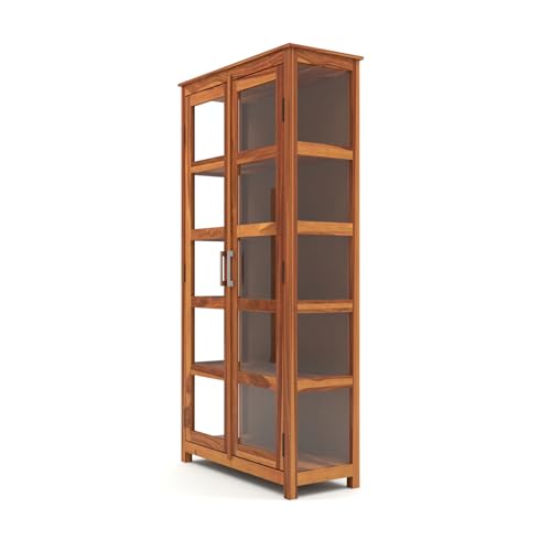 Image of Ekdantix FurnitureSolid Wood Bookshelf with Acrylic Glass Doors | Wooden Display Cabinet for Living Room | Multipurpose Storage Almirah for Books, Decor & Office Use (Honey Finish)