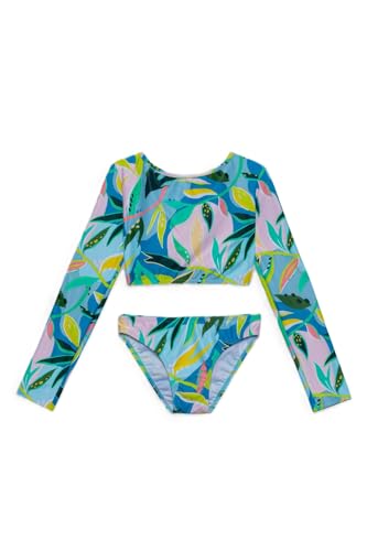 Image of Gottex Baby Girls Kids Toddler and Little Girls Rainforest Blue Two Piece Cropped Rash Guard Long Sleeve Swimsuit