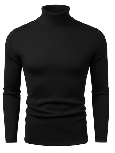 Image of LEOTUDE Men's Regular Fit Turtle High Neck Full Sleeve Cottonblend Solid Black T-Shirt
