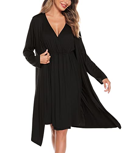 Image of SWOMOG Women Maternity Nursing Gown and Robe Set 3 in 1 Labor Delivery Nursing Nightgown for Breastfeeding Hospital Bathrobe