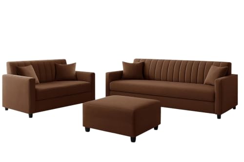 Image of 3+2 Wooden Sofa Set with Ottoman for Living Room | Modern Upholstered 5-Seater Couch | Soft Cushion, Premium Velvet Fabric-Brown