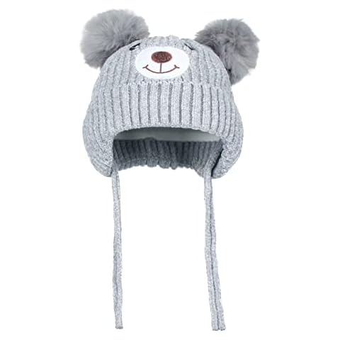 AiSi Unisex Baby Earflap Beanie Hat Winter Warm Cute Bear Chenille Knitted Hat with Pom-Pom for 3M-5Y Kids Gray Cover