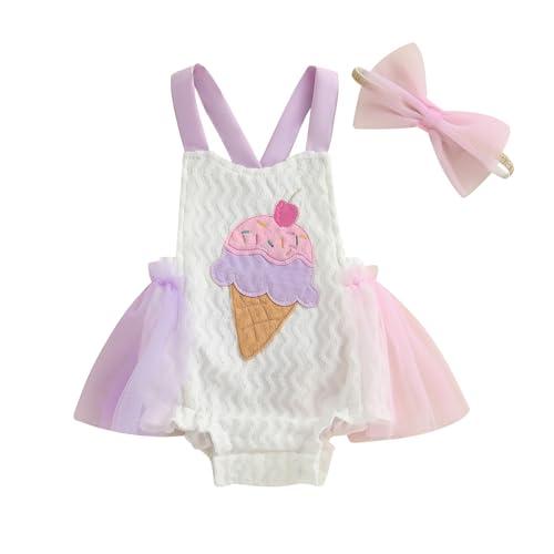 Newborn Baby Girl Romper Tutu Dress Ice Cream Embroidered Sleeveless Halter Tulle Dress Headband