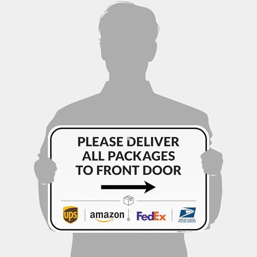 Image of Package Delivery Sign, Delivery Instructions Deliver All Package to Front Door Right Arrow Sign, 12x18 Inches, 3M EGP Reflective .063 Aluminum, Fade Resistant, Made in USA by Sigo Signs