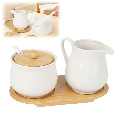 BlyeMichdi Milch und Zucker Set mit Deckel und Löffel Keramik Milchkännchen Zuckerdose Weiß mit Holz Tablett 260ml Barista Milchkännchen Milchbehälter Spülmaschinen- und Mikrowellengeeignet