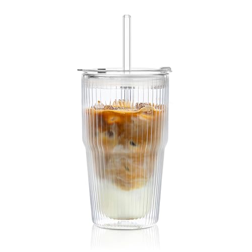 550ML Ribbed Double-Wall Stackable Glass Cups with Lids and Straws Borosilicate Glass for Iced Coffee Smoothies Juice Heat and Cold Resistant Leakproof Dishwasher Safe Drinkware