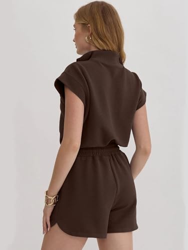 Image of Rompers for Women Summer Short Sleeve Half Zip Lapel Collar Jumpsuit Casual Drawstring One Piece Outfits with Pockets