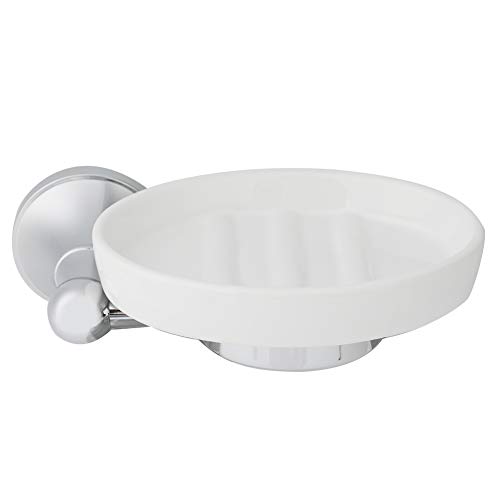Wall Mounted Soap Dispenser with Dish Holder, Chrome Plated, Brass and Stainless Steel, Modern Round Design, 16.5cm Length