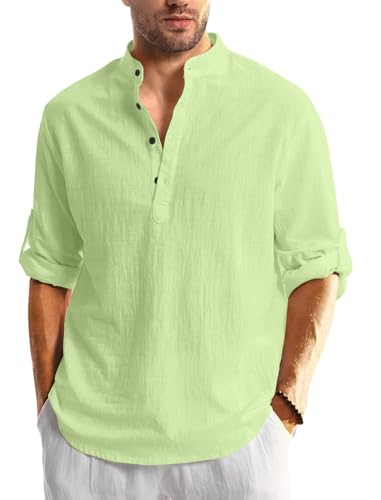 Image of Men's Cotton Blend Straight Kurta Shirt with Mandarin Collar - Slim Fit Casual Short Kurti Featuring Textured Slub Fabric and Roll-Up Full Sleeves