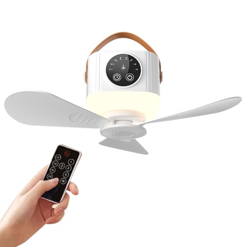 Ventilador de techo portátil – Ventilador USB recargable con luz cálida, 4 velocidades, control remoto, gancho o pie – Lámpara de techo ventilador para tienda, camping (larga autonomía)