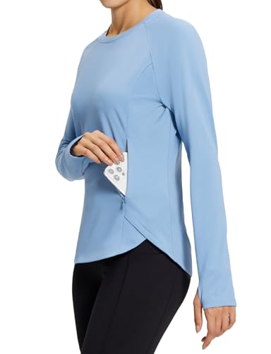 baleaf Women's Thermal Tops Fleece Lined Shirts Long Sleeve Cold Weather Running Gear Workout Zipper Pocket Thumbholes Blue M