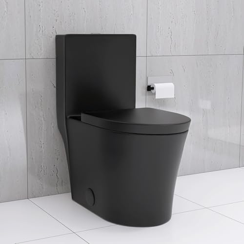 Inodoro moderno de una pieza con descarga dual 1.1/1.6 GPF, diseño alargado y asiento de cierre suave, base cubierta, capacidad de descarga MAP 1000 g (negro) miniatura 1