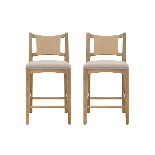 Image of Nathan James Elodia Boho Counter Height Bar Stool with Back, Woven Seagrass Backrest and Solid Wood Frame, Light Brown Set of 2