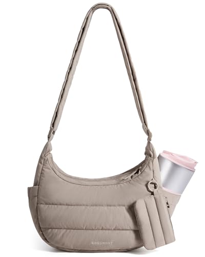 bagsmart Umhängetasche Damen Crossbody Bag Puffer Tasche Moon Bag mit Verstellbarem Schultergurt Leichte Puffy Halbmond Handtasche für Arbeit Uni Reise Alltag Kamel S