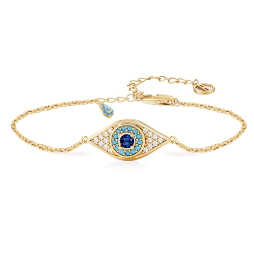 Cicy Bell Evil Eye Bracelet 18k Gold Plated Turquoise Zirconia Link Bracelets Trendy Jewelry Gift for Women Adjustable 5.9