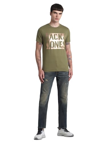Image of Jack & Jones Men's Typography Printed Round Neck Short Sleeves Cotton Slim Fit Letter Print T-Shirt