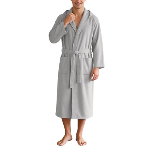 Albornoz para hombre, verano, otoño, pijama, manga larga, abrigo con capucha, suave y cómodo, chaqueta con capucha, con cinturón, monocolor, ropa de salón, respetuosa con la piel