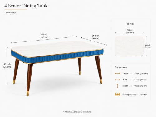 Image of WOODEN SPACE Majestic 4 Seater Wooden Dining Table Set | Urban Marble Top Dining Table with Chairs for Dining Room & Kitchen (Blue Majestic Backline)