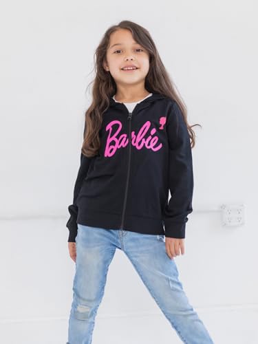 Barbie Little Girls' Glitter Graphic Zip Front Hooded Sweatshirt Black Pink 7-8 - image 2