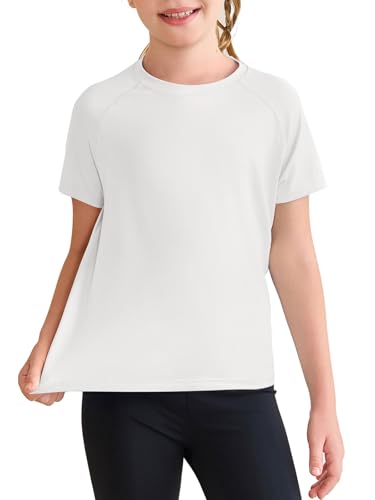Haloumoning Girls Athletic Shirts Short Sleeve Quick Dry T-Shirt Kids Summer Tee Tops 5-14Y White