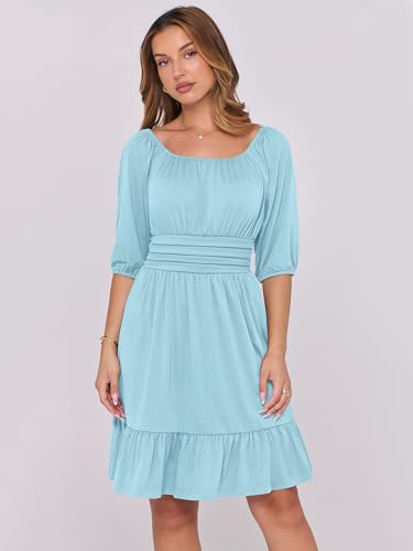 Image of ANRABESS Womens Lantern Short Sleeve Square Neck Casual Flowy Mini Dresses 2026 Holiday Summer Spring Beach Vacation Clothes