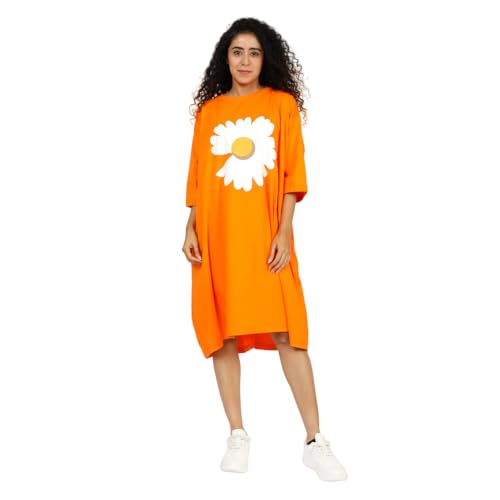 Image of LAMA STORE Women's Printed Oversized T-Shirt Dress, Cotton, 3 /4 Sleeve Length, Casual Loose Fit, Comfort Wear Extra Comfy Oversized Printed Pocket T-Shirt Dress