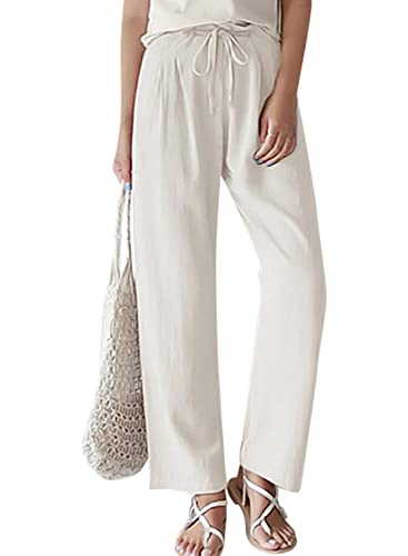 GLIENST Ladies Capris Fashion Casual Soft Mid Rise Palazzos Pants Drawstring SweatPalazzos Pants Elastic Waist Comfy Loose Trouser for Women White S